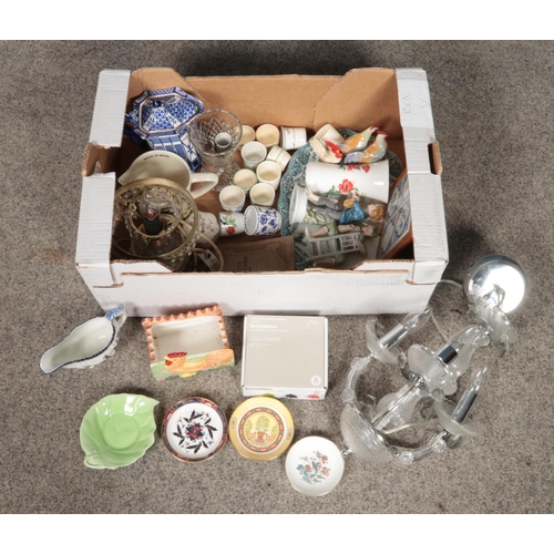 222 - A box of miscellaneous. Includes glass ceiling light, table lamp, Burleigh ware, egg cups etc.