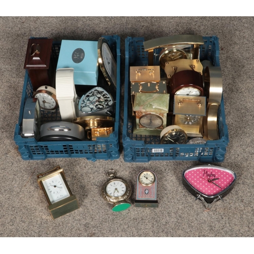 224 - Two trays of assorted clocks to include Me To You, Seiko, Elite and carriage clock examples.