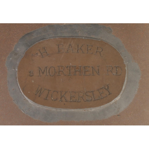 34 - A local metal lidded bucket with swing handle. H.BAKER 8 MORTHEN ROAD, WICKERSLEY.