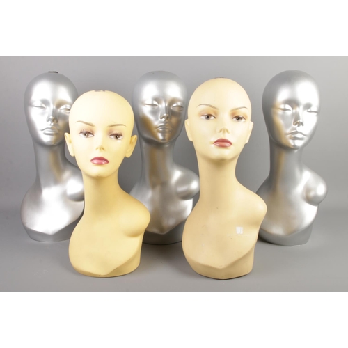 244 - Five large vintage display mannequin heads; one stamped Sensationnel.