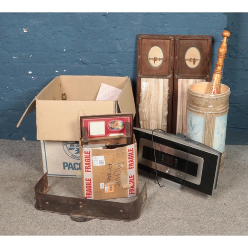 246 - A quantity of miscellaneous to include radios, ceramic lamp, fire fender, etc.