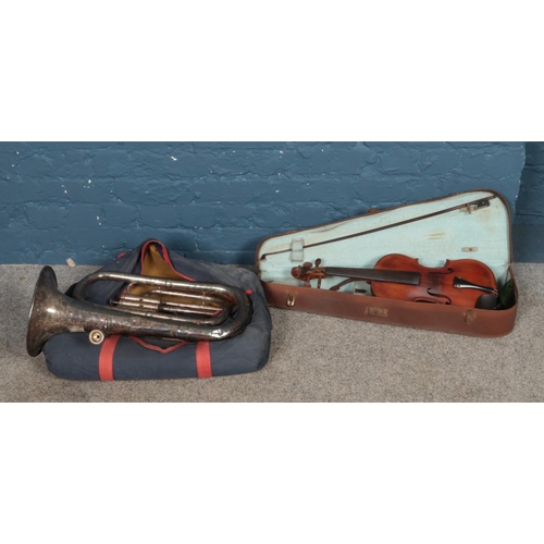 247 - A Hawkes and Co 'Excelsior' cornet, together with a one-piece back violin in case.