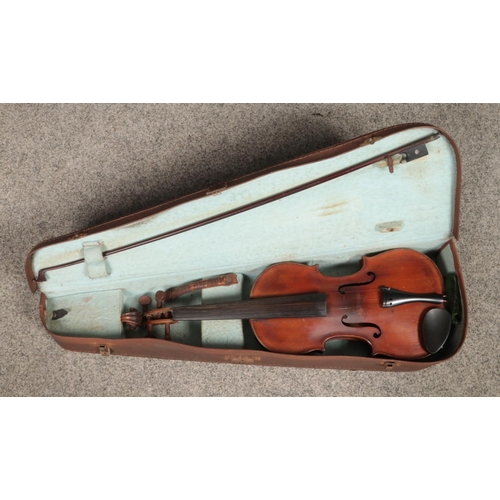 247 - A Hawkes and Co 'Excelsior' cornet, together with a one-piece back violin in case.