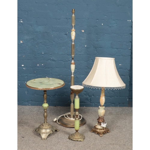 250 - Four onyx items. Includes table lamp, standard lamp, small table and smokers stand.