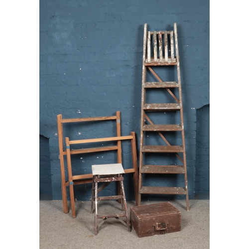 255 - Two sets of vintage ladders, together with two towel rails and a hinged wooden box.