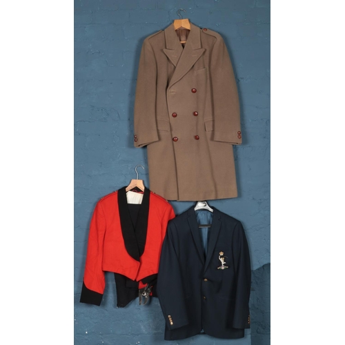 265 - A Moss Bro 3/4 coat along with a blazer with Signal Corps sew on badge and a Signal Corps dinner sui... 