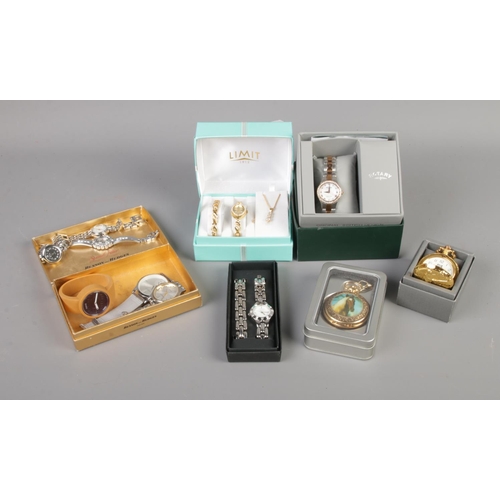 45 - A collection of assorted watches and pocket watches, includes boxed Limit and Rotary examples.