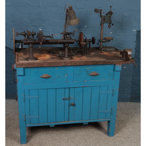 288 - A painted workbench. Comprising of lathe, Herbert Terry task lamp, pillar drill, etc.