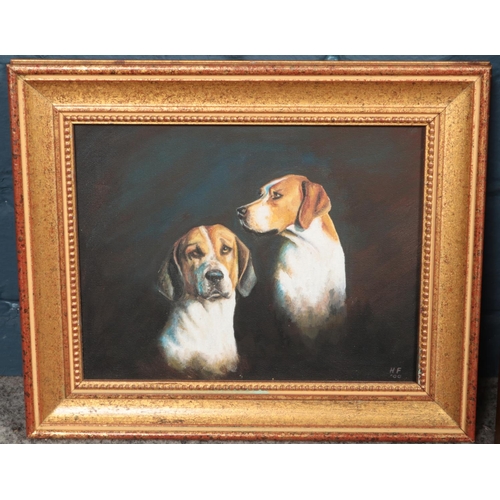 330 - A gilt framed oil on board study of hounds, signed H.F (possibly Helen Fergusson), together with a m... 