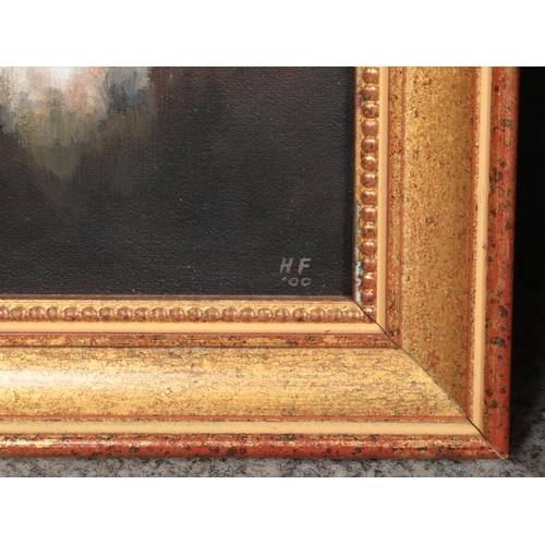 330 - A gilt framed oil on board study of hounds, signed H.F (possibly Helen Fergusson), together with a m... 