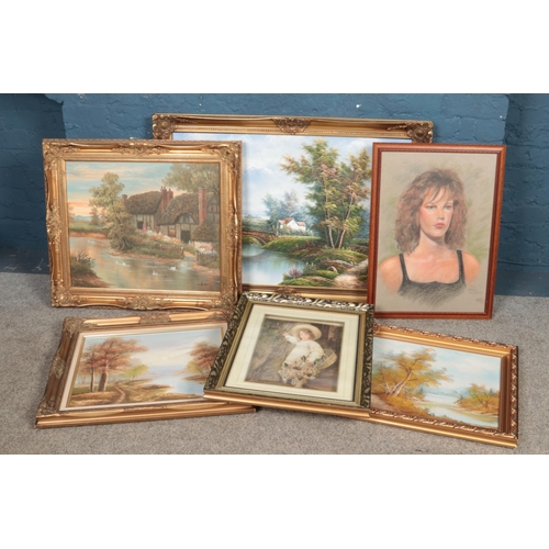 331 - A collection of pictures. Includes large gilt framed oils, pastel portrait etc.