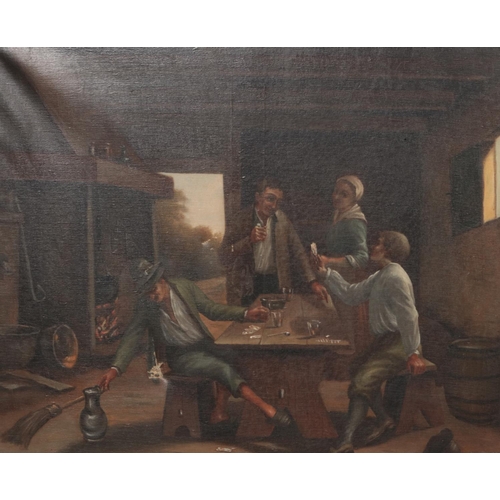 335 - An 1896 gilt framed oil on canvas depicting tavern scene, signature indistinct. Approx. dimensions i... 