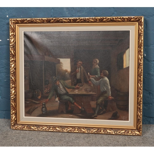 335 - An 1896 gilt framed oil on canvas depicting tavern scene, signature indistinct. Approx. dimensions i... 