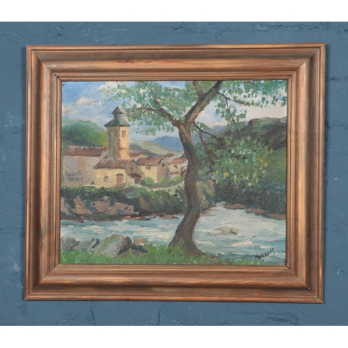 336 - A framed acrylic on board depicting town by a river landscape, signature indistinct. Approx. dimensi... 