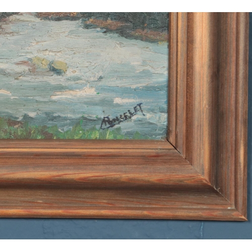 336 - A framed acrylic on board depicting town by a river landscape, signature indistinct. Approx. dimensi... 