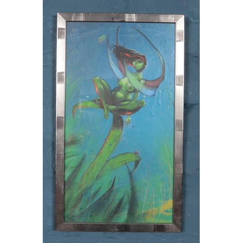 346 - A framed mixed media painting, depicting a fantastical nude female. 39cm x 21cm.