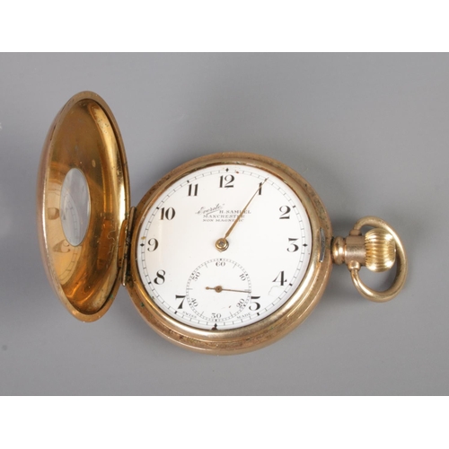 350 - A H. Samuel Manchester Everite half hunter pocket watch with white enamel dial and roman numerals to... 