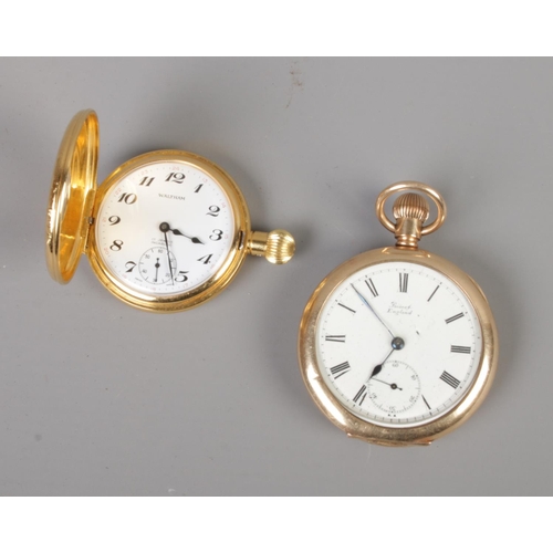 352 - A 14ct gold filled Prescot pocket watch along with Waltham half-hunter example.