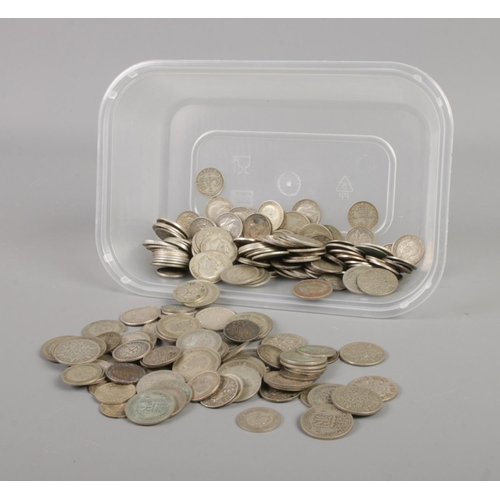 372 - A quantity of post-1920, pre-1947 coins including three and six pences. Total weight 470g