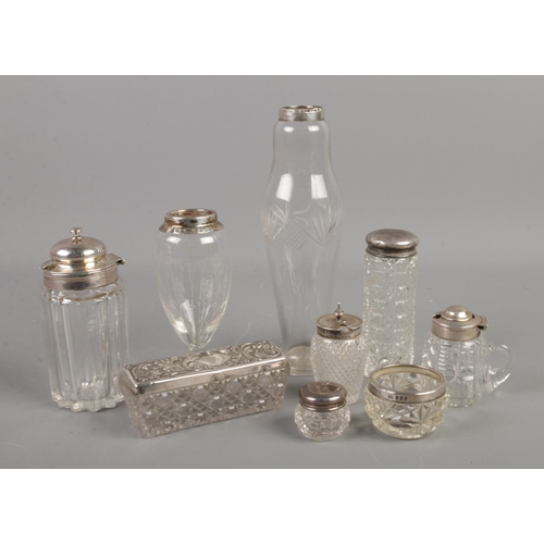 410 - A good quantity of silver mounted glassware. Includes Charles Rennie Mackintosh style example.