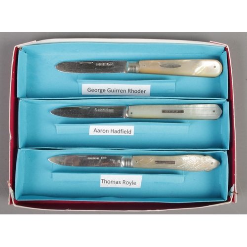 413 - Three Sheffield hallmarked silver blade fruit knives with mother of pearl handles. Includes George G... 