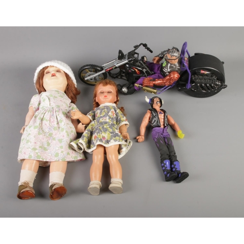 82 - Two vintage dolls along with two Doctor X action figures including motorbike example.