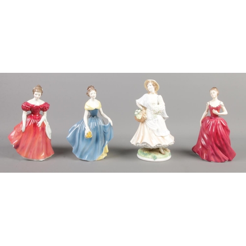 84 - Four ceramic figures; including three Royal Doulton examples. Titled Innoncence HN2842, Melanie HN22... 