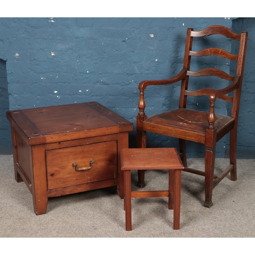 445 - A collection of occasional furniture, to include ladder back armchair, small teak table and stained ... 