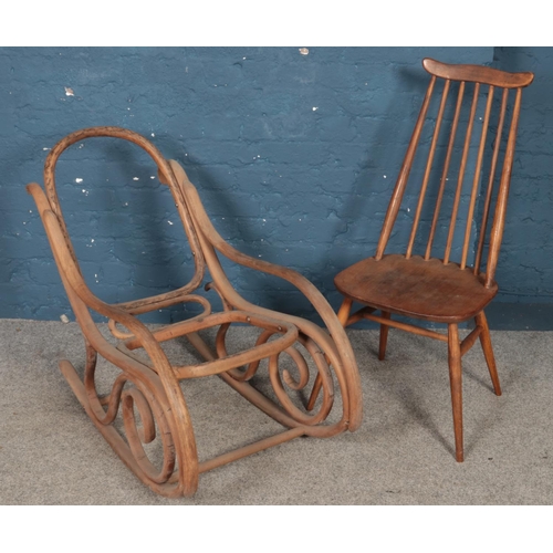 448 - An Ercol spindle back dining chair along with a bamboo rocking chair frame.