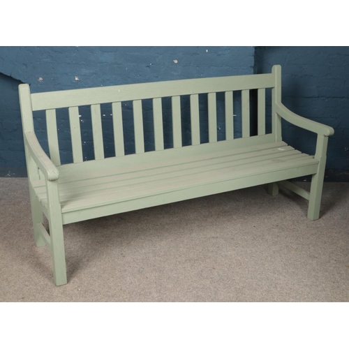 451 - A large painted wooden garden bench, with slatted back and base. Height: 98cm, Length: 182cm, Depth:... 