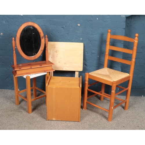 472 - Assorted furniture. Includes rush seat chair, storage stool, stool, folding table and pine mirror.