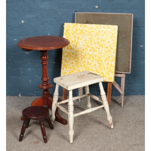 476 - A collection of assorted furniture, including folding tables, miniature turned stool and occasional ... 