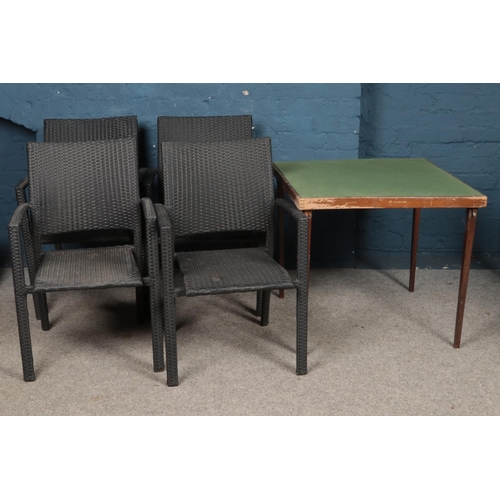 484 - Four grey garden chairs along with folding table with felt top insert.