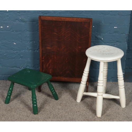 496 - Two painted turned stools along with a fire screen.