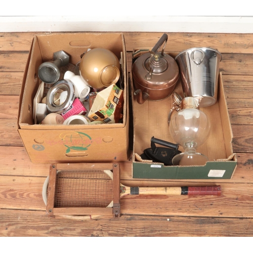 181 - Two boxes of miscellaneous to include copper kettle, ceramics, glassware, silver plated cutlery, etc... 