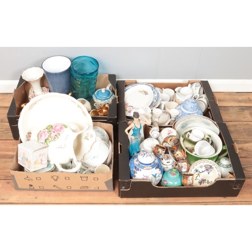 194 - Four boxes of mainly assorted ceramics, to include Lladro figures, Japanese cups and saucers, part t... 