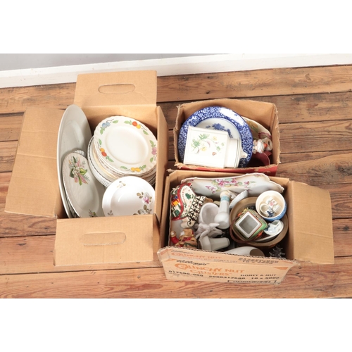 217 - Three boxes of miscellaneous to include Colclough, Wedgwood, figures, etc.