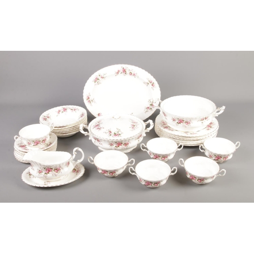 47 - A quantity of Royal Albert dinner wares in the Lavender Rose pattern including tureens, cups and sau... 