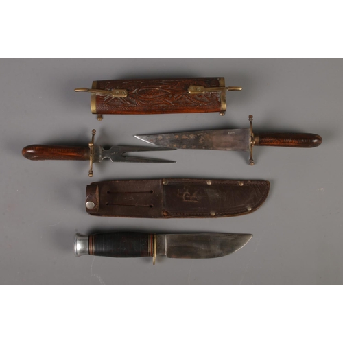 6 - A William Rodgers Sheffield scout knife with sheath along with Indian carving set in decorative carv... 