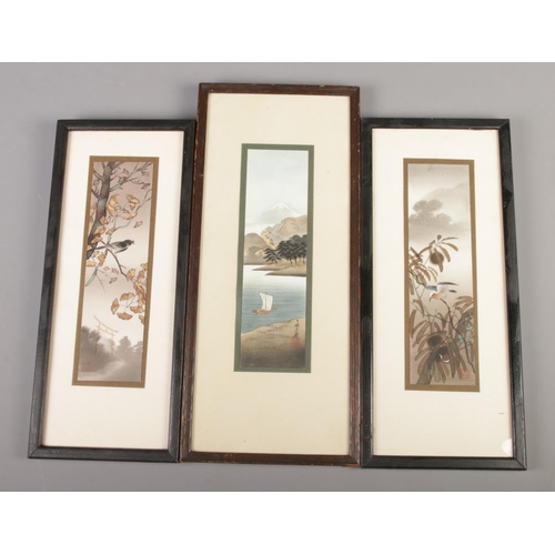 295 - Three framed Chinese watercolours. Two with birds and the other with a sailboat in landscape scene.