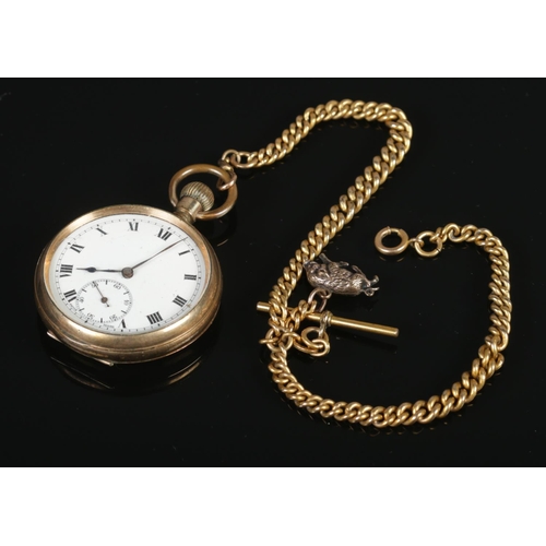 352 - A yellow metal pocket watch, with Swiss made 15 jewel movement, on yellow metal double albert chain.... 