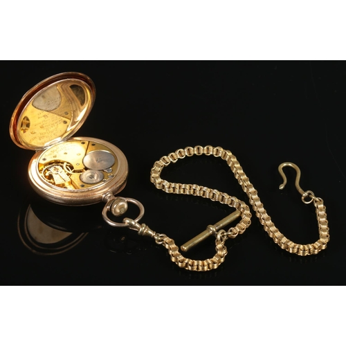 353 - A Waltham Mass gold plated pocket watch (8391545), on 'Canadian Gold' gilt metal albert chain. In wo... 