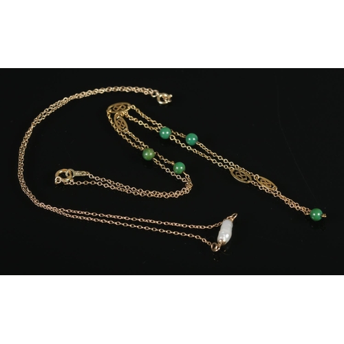 354 - Two 9ct Gold necklets, comprising of turquoise beaded and pearl examples. Total weight: 3.7g