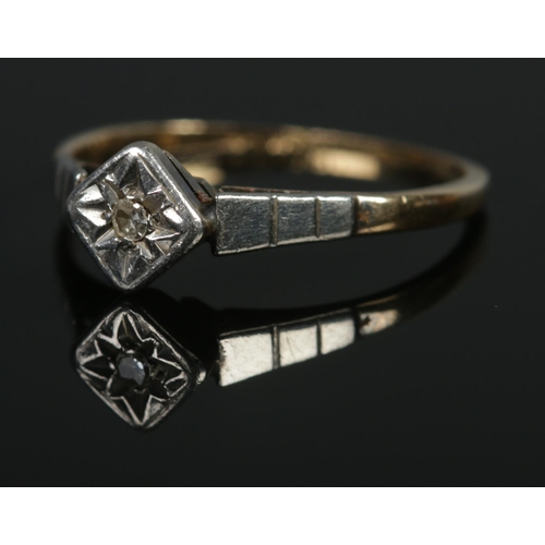 366 - An Art Deco 18ct Gold and Platinum Diamond Ring, with single stone set in a star cut mount. Size N. ... 