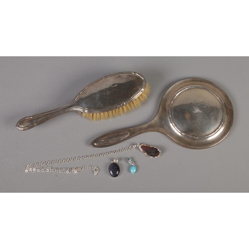 425 - A silver backed vanity hairbrush and mirror (hallmarked Birmingham 1919 and 1938) along with small q... 