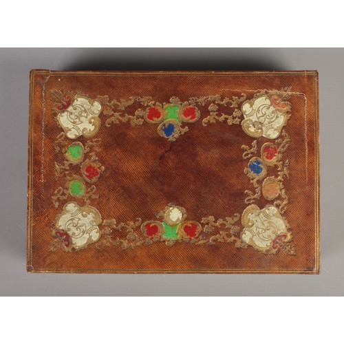 2 - A leather covered stationary box with painted and gilt decoration, fitted interior and contents of w... 