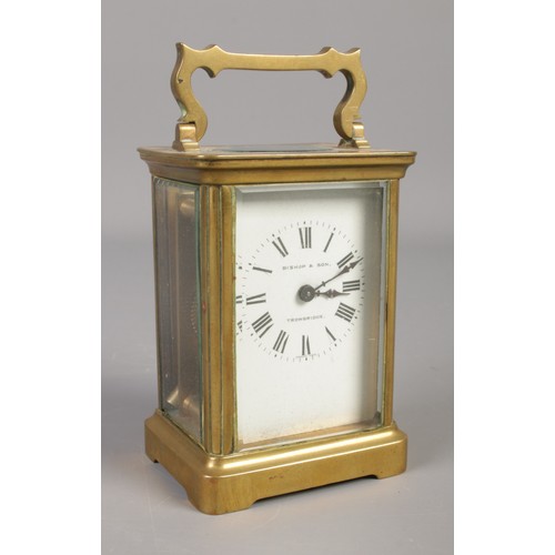 63 - A small Nineteenth century brass carriage clock, with French movement. Roman Numeral dial stamped fo... 