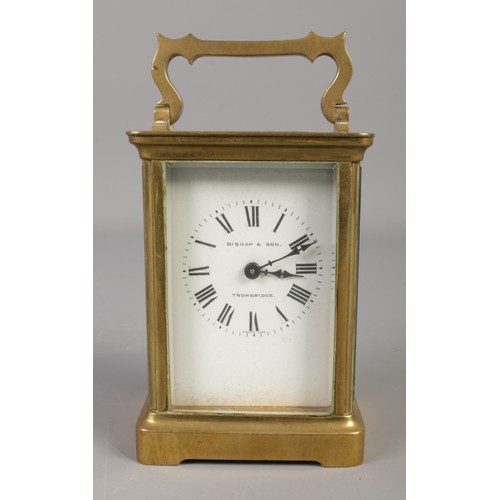 63 - A small Nineteenth century brass carriage clock, with French movement. Roman Numeral dial stamped fo... 