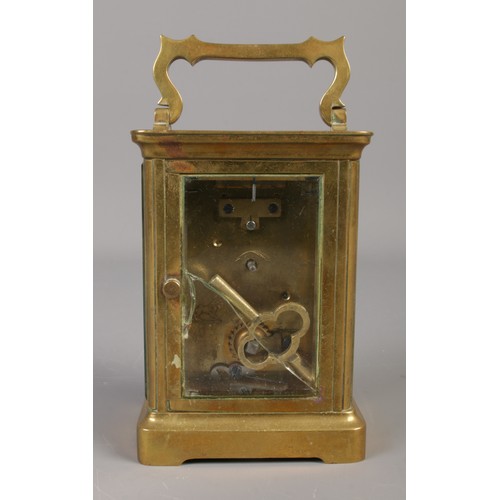 63 - A small Nineteenth century brass carriage clock, with French movement. Roman Numeral dial stamped fo... 