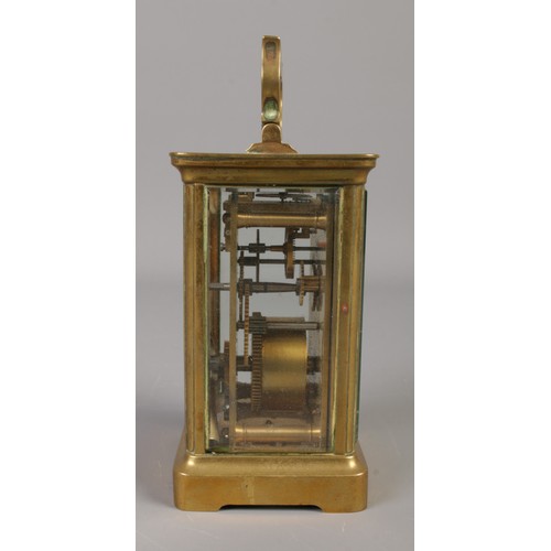 63 - A small Nineteenth century brass carriage clock, with French movement. Roman Numeral dial stamped fo... 